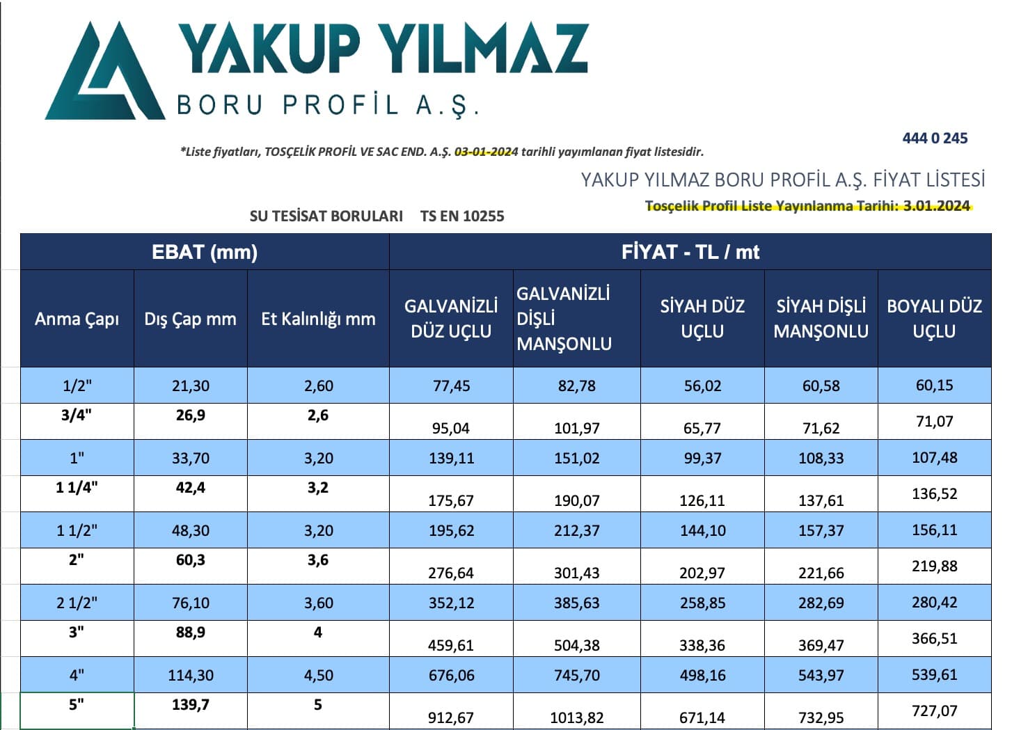 Tosçelik Yeni Fiyat Listesi 03-01-2024