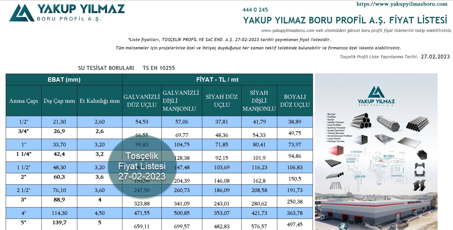 Tosçelik Yeni Fiyat Listesi 27-02-2023